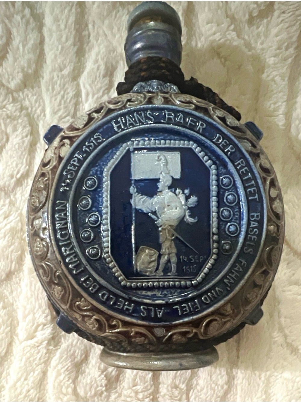 Vintage Blue and Silver Ceramic Bottle